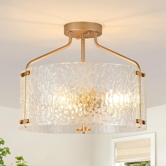 Semi Flush Mount Ceiling Light Fixture Glass Drum Chandelier Entryway Light Fixture 16''Gold Flush Mount Ceiling Lights 3-Light Foyer Lighting fixtures for Living Room Hallway Bedroom