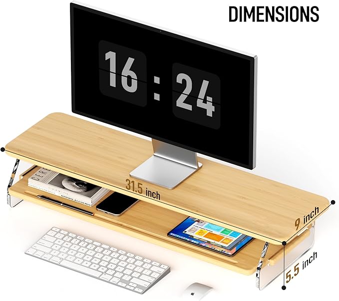 Monitor Stand Riser, Bamboo & Acrylic 2 Tier Computer Monitor Stand with LED Light, 31.5 inch Large Desktop Organizer for Desk, Stand for Computer, Laptop, Printer, PC & TV Screen Riser