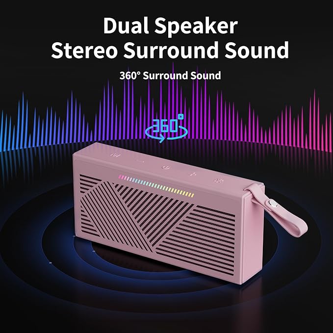 Bluetooth Speaker, Portable Wireless Bluetooth Speakers with HD Sound, IPX5 Waterproof Speaker with RGB LED Lights, Bluetooth5.3, TWS Pairing, Long Playtime, for Home/Party/Outdoor/Beach/Bathroom