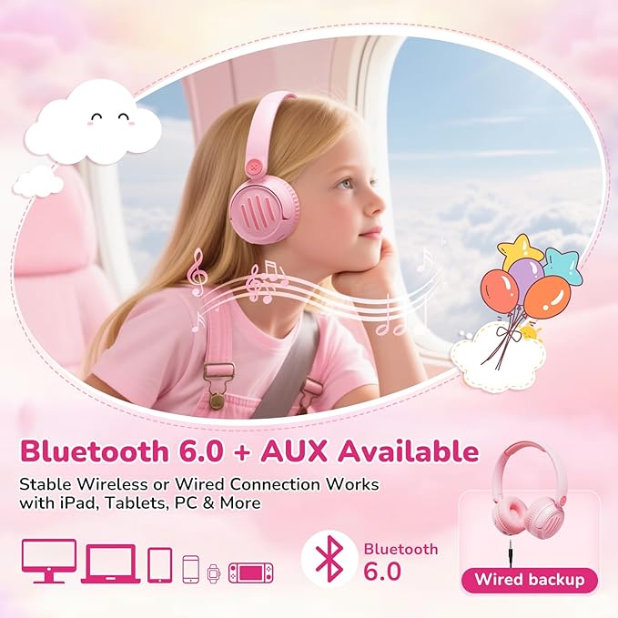 Kids Bluetooth Headphones Wireless On-Ear with USB-C Fast Charge,Microphone & 85dB Volume Limiter,Foldable Lightweight Toddler Headphones with AUX for School Travel (Pink)