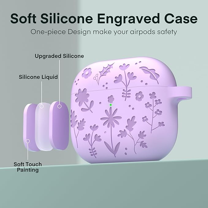 Maxjoy for AirPods 4 Case, Engraved Silicone Cute AirPod 4 Case for Women Men Protective iPod 4 Cover with Keychain Cleaning Kit for AirPod 4th Generation Cover 2024, Purple