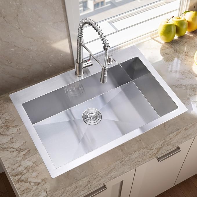 33"x 22" Drop in Stainless Steel Kitchen Sink, Brushed Nickel Top mount Kitchen Sinks, 18 Gauge Handmade Single Bowl Large Basin With Dish Grid and Basket Strainer