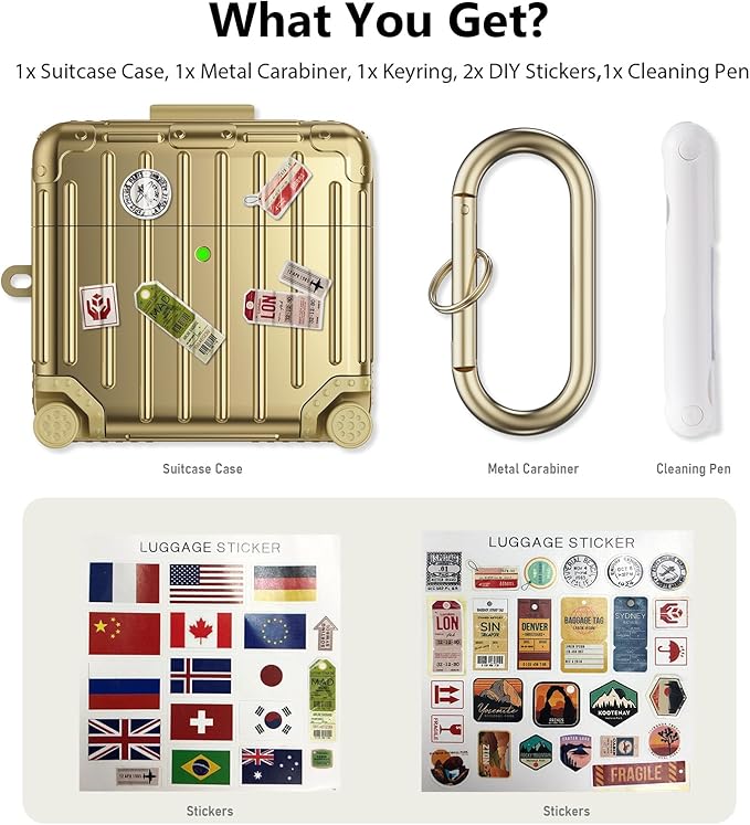 Filoto Compatible with Airpods 4 Case, Cute Fashion Suitcase Design for Airpods 4th Generation Case Cover, Shockproof Protective Hard Case with Keychain/Cleaner Kit (Gold, Airpods 4 Case)