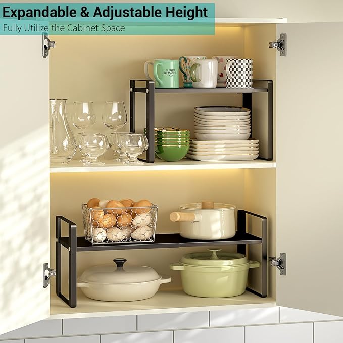 2 Pack Expandable Cabinet Organizer Shelves, Stackable Heavy Duty Metal Pantry Organizers, Adjustable Cabinet Shelf for Kitchen Counter, Cupboard, Pantry & Under Sink Space Saver, Black