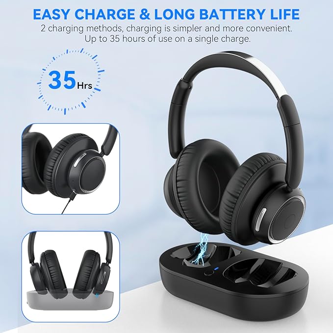 ANSTEN Wireless Headphones for TV with Universally Compatible Transmitter Charging Base, TV Headphone Wireless for Seniors, Bluetooth Headphones No Delay, 35 Hrs Audio Playtime, Plug n Play