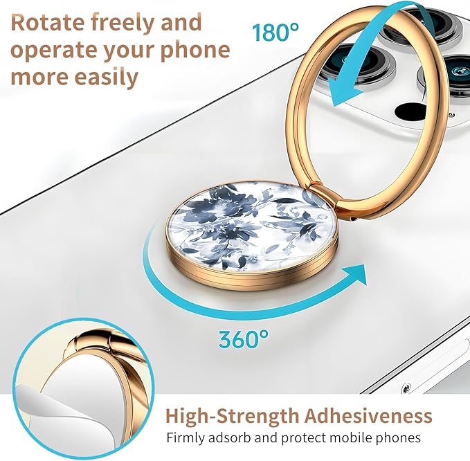 Cell Phone Ring Holder, Cute Metal Phone Grip Stand Finger Ring Kickstand, Flexible 360°Rotation Phone Tablet Case Accessories Compatible with Most Phones Luxury Blue Flowers