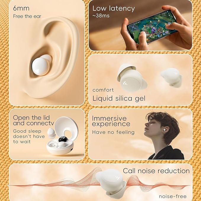 Invisible Wireless Bluetooth Ear Buds for Sleeping Noise Cancelling Mini Earbuds,Discreet in-Ear Tiny Earphones for Sleeping,Hidden Earbuds for Small Ears Sleeping,Working,Hiking Beige
