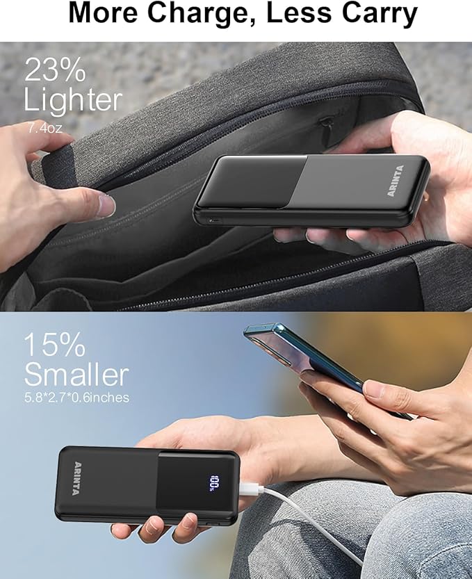 Power Bank Portable Charger 10000mAh PD 22.5W Battery Pack, LED Display & USB-C in/Out, Travel Essentials, Compatible for Smartphones, Tablets & More (Black)