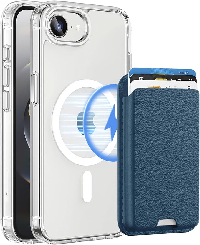 Magnetic for iPhone 17e Case & iPhone 16e Case Clear with Blue Detachable Wallet, Compatible with MagSafe, Military Protective Slim Phone Cover with Card Holder