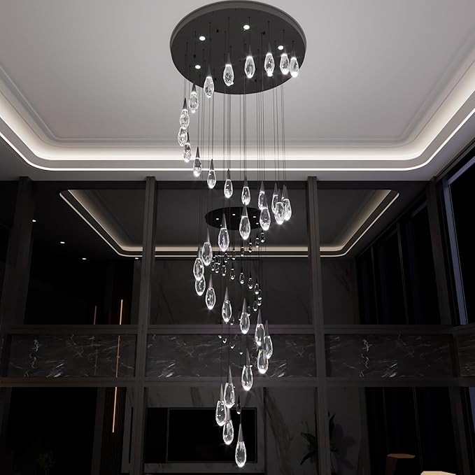 30 Light Extra Large Chandelier for High Ceiling Lights Black Moderm Pendant Light Fixture Crystal Chandelier for Staircase Foyer Villa Living Room