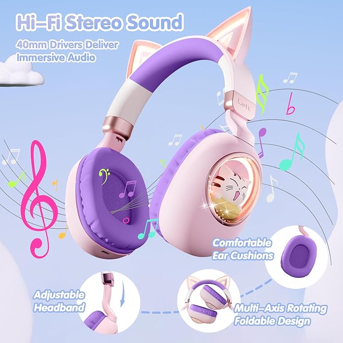 esonstyle Kids Headphones Cat Ear - Bluetooth 5.4 Over-Ear Noise Cancelling Headphones with Microphone LED Lights Up 85dB Safe Volume Limit Wireless or 3.5mm Wired USB C (Pink Purple)