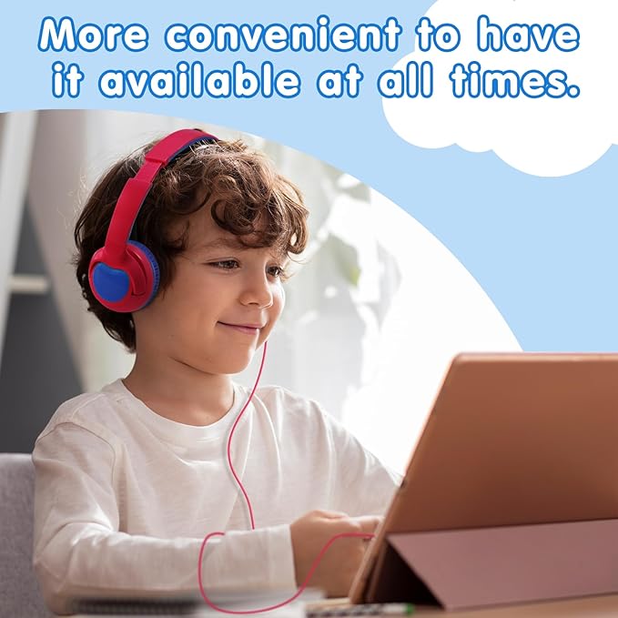 ZIHNIC Wired Kids Headphones, Safe 85dB Volume Limit for Boys & Girls, Comfortable Earpads, Foldable Design for School, Tablets, and Travel-RED