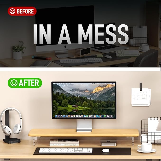 Monitor Stand Riser, Bamboo & Acrylic Computer Monitor Stand with LED Light, 31.5 inch Large Monitor Stand for Desk, Desktop Organizer Stand for Computer, Laptop, Printer, PC & TV Screen Riser