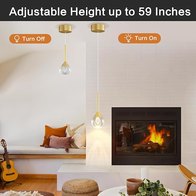 Gold Pendant Lights Kitchen Island – 4W LED Pendant Light with Remote Dimmable 3 Color Temperature Crystal Teardrop Chandelier for Bathroom, Bedroom, and Dining Room (1-Light)