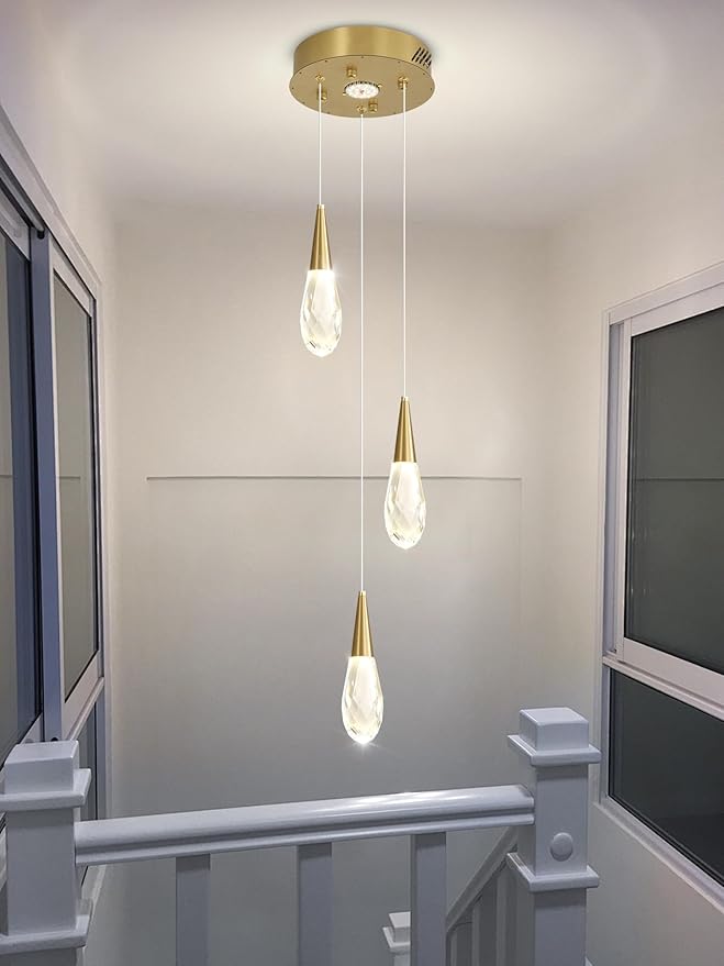 3-Lights Crystal Pendant Light Kitchen Islan Gold Hanging Chandelier Teardrop Crystal Pendant Light Fixture for Dining Room, Living Room,Kitchen lsland, Foyer