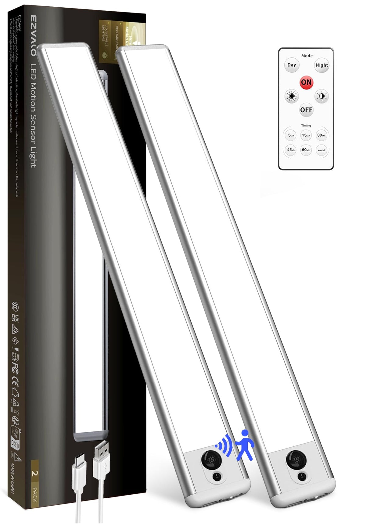 EZVALO 2 Pack Under Cabinet Lights, 14.5'' Magnetic Motion Sensor Light, 4000mAh Large Capacity Rechargeable Closet Light, Remote Control Dimmable 5700K Cool White for Kitchen, Stairs, Hallway