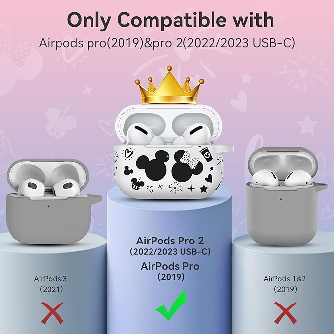 Compatible with Airpods Pro 2nd/1st Generation Case Cover with Keychain, Women Men Soft Silicone Two-Tone Cute Cartoon Engraved Convenience Protective Case, Front LED Visible White/Black