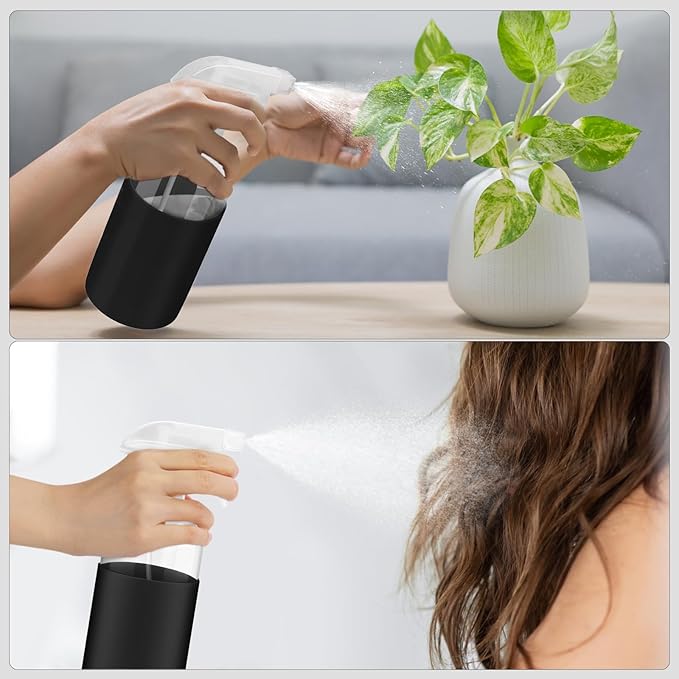 2 Pack Glass Spray Bottles with Silicone Sleeve, 16 oz Empty Refillable Containers with Adjustable Spray Nozzles, Spray Bottles for Hair, Cleaning Solutions and Plants Black&White