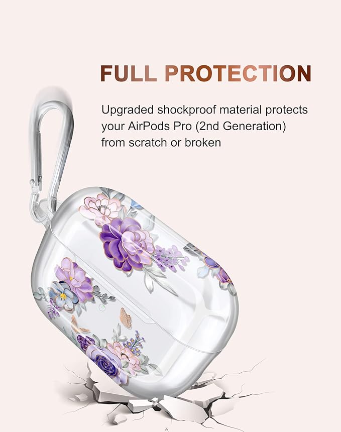 JIAXIUFEN Compatible with AirPods Pro 2019 / Airpods Pro 2nd Generation Case Cover Gold Sparkle Glitter Butterfly Design Cute Full Protective TPU Skin Accessories for Women Girl Flower Purple