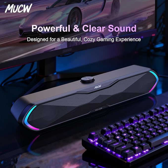 Gaming Soundbar for PC, Bluetooth 5.3 Computer Speaker with RGB Lights and Volume Knob, USB Wired & Wireless Desktop Sound Bar for Laptop
