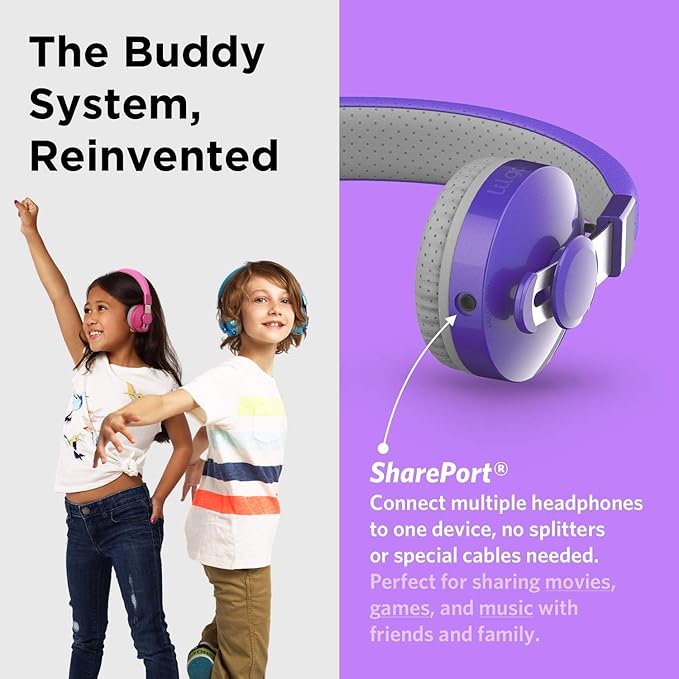 LilGadgets Untangled Pro On-Ear Wireless Kids Headphones for School, Microphone, Volume Limited, SharePort Technology, SoftTouch Padding - Purple Bluetooth Headphones