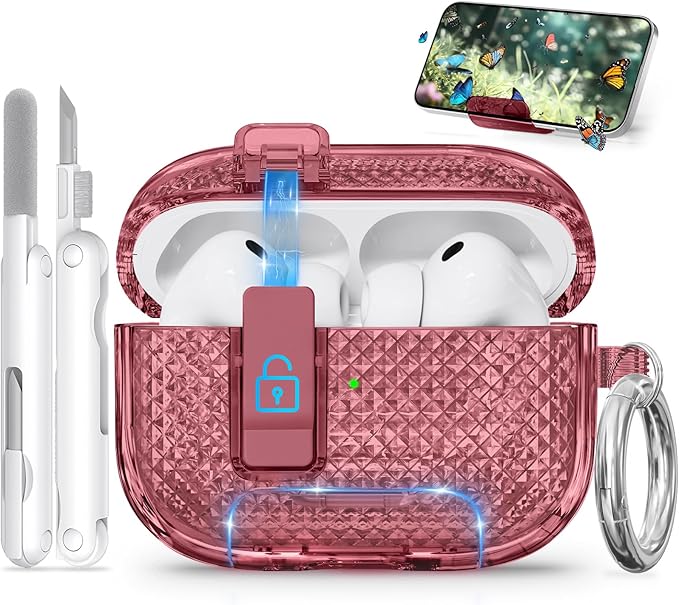 for AirPods Pro 3 Case with Phone Stand & Secure Lock, Auto-Open Clear Case Cover Compatible with Apple AirPods Pro 3rd Generation with Cleaning Kit & Keychain