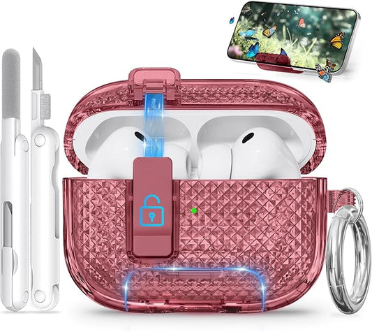 for AirPods Pro 3 Case with Phone Stand & Secure Lock, Auto-Open Clear Case Cover Compatible with Apple AirPods Pro 3rd Generation with Cleaning Kit & Keychain