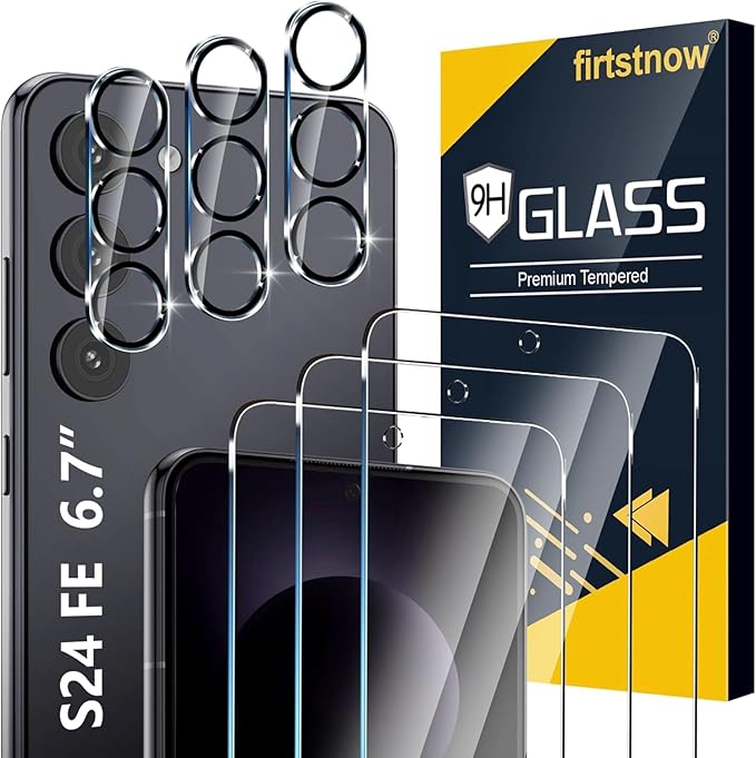 3 Pack for Samsung Galaxy S24 FE Screen Protector Tempered Glass + 3 Pack Camera Lens Protector, Military Grade Shatterproof, 9H Hardness, Fingerprint Unlock, Case Friendly 6.7 Inch