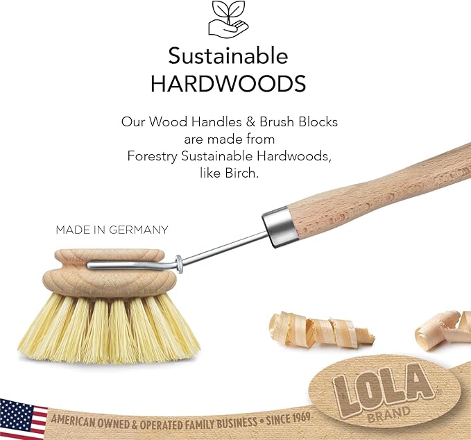 LOLA - The Original- Pot & Pan Brush, Heavy Duty Brass Wire & Tampico Bristles, Handle Made from Sustainable Birch Wood for Cleaning, 1 Pack