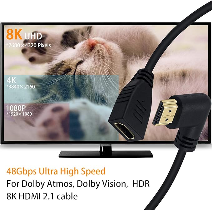 Poyiccot 8K HDMI Extension Cable, Short HDMI 90 Degree Left Angle Male to Female HDMI 2.1 Cable Adapter 48Gbps with 8K 60Hz Video and 3D HDR for TV/Xbox /PS4 /PS5 (Left M/F), 0.5feet