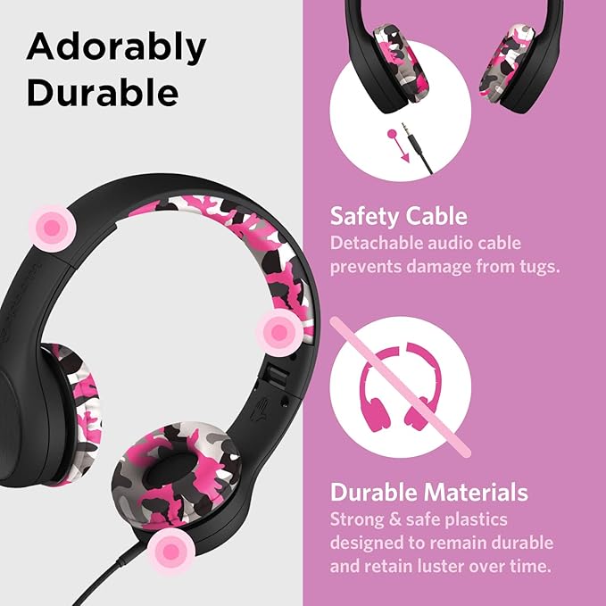 LilGadgets On-Ear Wired Headphones for Kids for School - Pink, Foldable On-Ear Design, 4 ft Braided Nylon Cable - Volume-Limiting & Noise Reduction, SharePort Technology & Kids Wired School Headphones