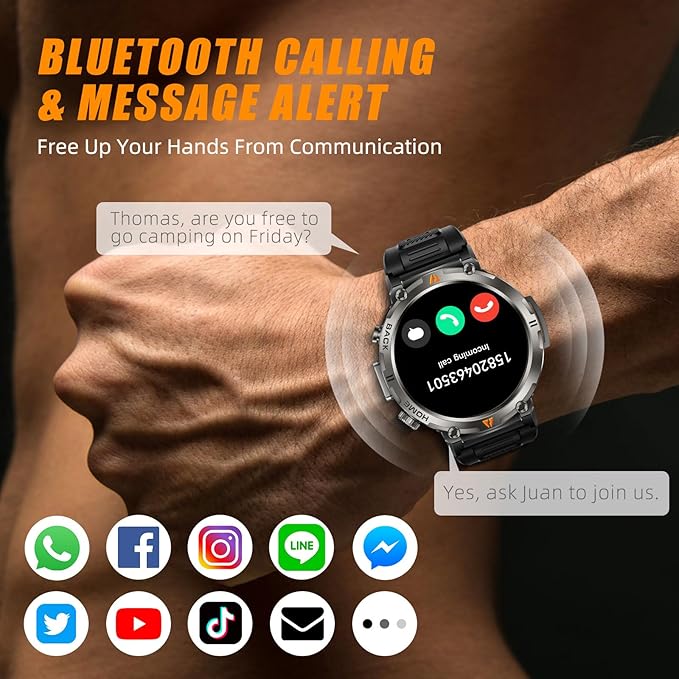 Military Smart Watches for Men Built-in GPS with LED Flashlight Compass, 3ATM Waterproof Rugged Tactical Smartwatch with Text and Call, 1.45" HD Fitness Tracker with HR SPO2 Monitor for iPhone Android