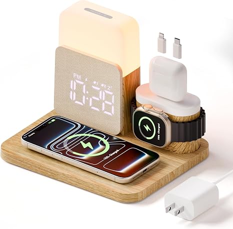 7 in 1 Clock with Charging Station, Charger with Alarm Clock Night Light