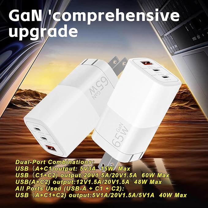65W GaN Fast Charger, 3-Port USB C PD Power Adapter (2×USB-C + 1×USB-A) – Compact & Foldable for MacBook Pro/Air, iPhone 16, iPad, Galaxy S25, Dell XPS – Travel-Friendly & Overheating Protection