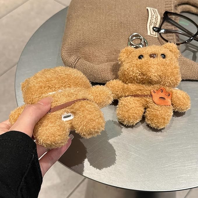 YOKVOOK Furry Case for AirPods 3,Funny Cute 3D Cartoon Plush Kawaii Backpack Teddy Bear Design Fluffy Soft Warm Cover for AirPods 3rd Generation Carrying Charging Box with Keychain Protector