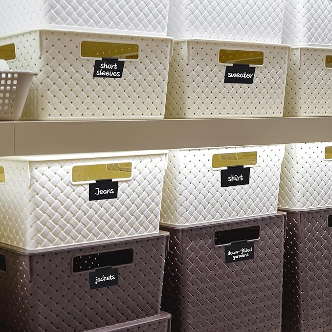 34 Pcs Basket Labels Clip on Set, Include 32 Kitchen Clip Label Holder Removable Storage Bin Labels with 2 White Marker for Storage Bins Organization Box (Black)