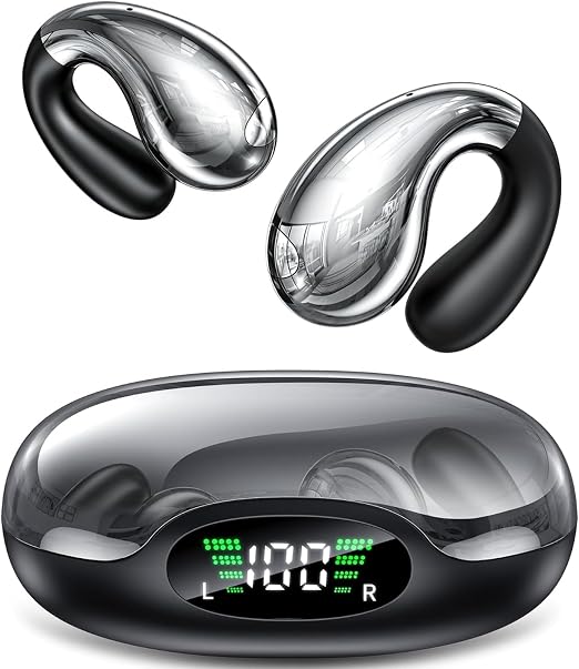 Boytond Ultra Open Ear Earbuds - Clip on Earbuds, Open Ear Headphones with Comfortable Bone Conduction Design, Waterproof Build for Running, Gym Workouts and Outdoor Sports,Crystal Black