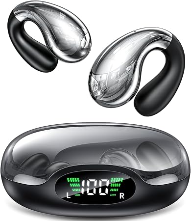 Boytond Ultra Open Ear Earbuds - Clip on Earbuds, Open Ear Headphones with Comfortable Bone Conduction Design, Waterproof Build for Running, Gym Workouts and Outdoor Sports,Crystal Black