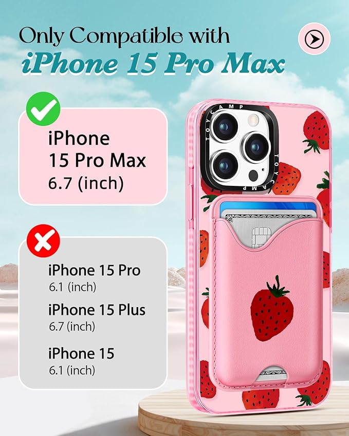 Toycamp for iPhone 15 Pro Max Case - Compatible with Magsafe Credit Card Holder Wallet Magnetic Cute Women Teen Girls Kawaii Girly Unique Strawberry Design Phone Cover for Apple 15 Promax 6.7"