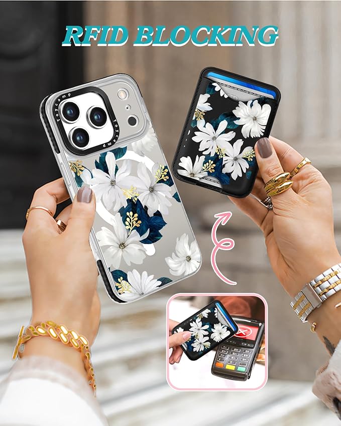 Toycamp for iPhone 17 Pro Max Case - Compatible with Magsafe Credit Card Holder Wallet Magnetic Cute Women Teen Girls Kawaii Girly Unique White Flower Design Phone Cover for Apple 17 Promax