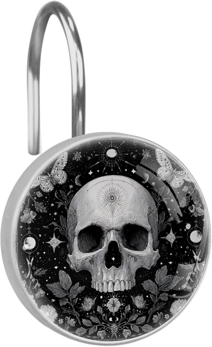 12 Packs Gothic Black and Skull Shower Curtain Hooks, Stainless Steel Glass Shower Curtain Rings for Bathroom Decor, Metal Rustproof Curtain Rod Hooks