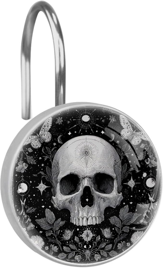 12 Packs Gothic Black and Skull Shower Curtain Hooks, Stainless Steel Glass Shower Curtain Rings for Bathroom Decor, Metal Rustproof Curtain Rod Hooks