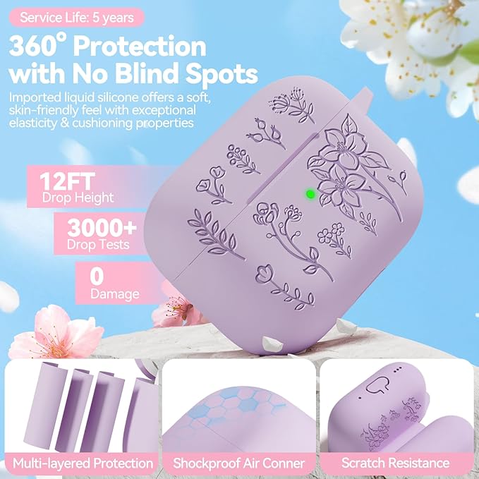 for Airpods Pro 3 Case, Flower Engraved Case Cover Compatible with AirPods Pro 3rd Generation 2025, Soft Silicone Cases with Cute Keychain & Cleaner for Women Girly, Shockproof