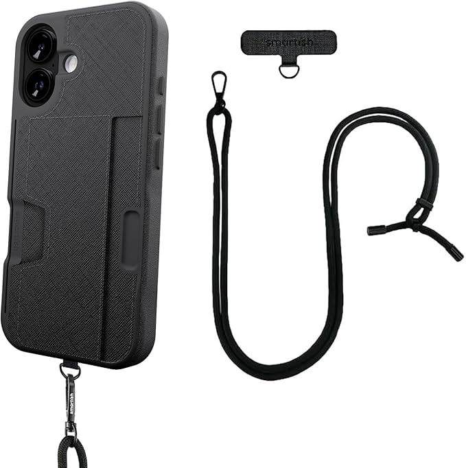 Smartish® iPhone 17 Wallet Case + Crossbody Lanyard Strap - [Slim + Protective] Phone Case Credit Card Holder + Universal Detachable Shoulder Neck Strap for Apple iPhone 17 - Black Tie Affair