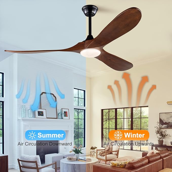 60 Inch Ceiling Fan with Lights and Remote, 3 Wood Fan Blades Ceiling Fan with Quiet Reversible DC Motor Indoor Outdoor for Patios Living Room Bedroom Study