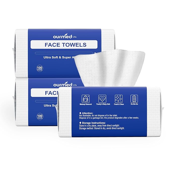 Ourmed Life Disposable Face Towel, 300 Count – Ultra Soft, Biodegradable Makeup Remover Wipes for Sensitive Skin, Clean Skincare Towels,Lint- free and Gentle Facial Towels for Daily Use，EF Texture