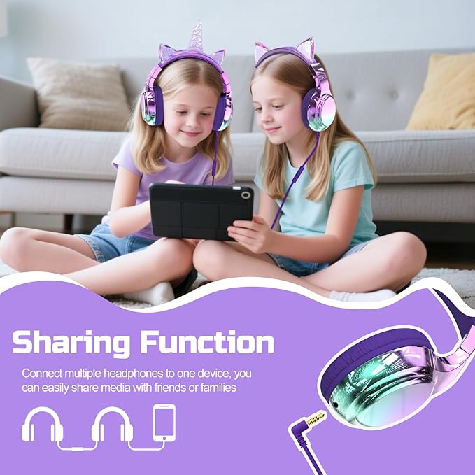 QearFun Kids Unicorn Headphones Wired with Mic, 85/94dB Safe Volume Limit, Sparkly Wired Headset, Foldable, Sharing Port & Tangle-Free Cord for School, Chromebook, Tablet, Travel, Boys & Girls