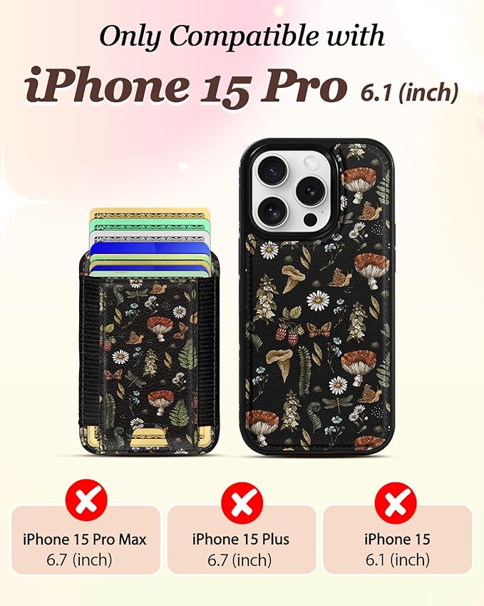 Shorogyt for iPhone 15 Pro Wallet Case - Fits 5 Cards, Compatible with Magsafe Detachable Magnetic Credit Card Holder Leather Cardholder Cute Phone Cover Women Girls for Apple 15Pro, Mushroom