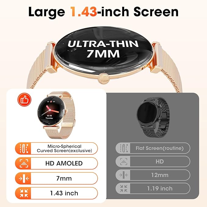 Hwagol Smart Watches for Women with Android iPhone Compatible[Calls/Metal Thin Body],1.43" Micro-Spherical AMOLED Screen,Fitness Watch with Sleep/Heart Rate Monitor,Pedometer for Steps Miles