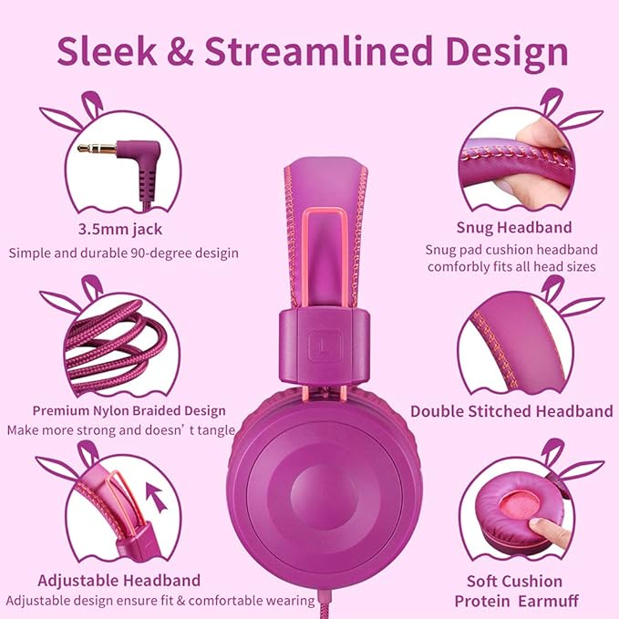 M1 Kids Headphones Wired Headphone for Kids,Foldable Adjustable Stereo Tangle-Free,3.5MM Jack Wire Cord On-Ear Headphone for Children (Purple)